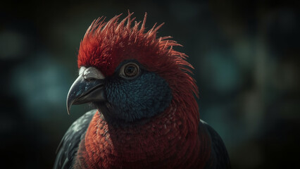 Close-Up Portrait of a Vibrant Red-Crested Parrot with Detailed Plumage and Expressive Eye