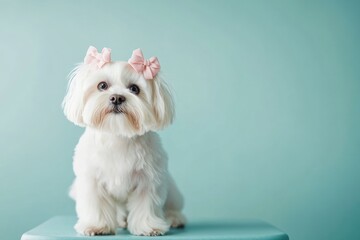 Maltese dog with neatly groomed white fur and two pink bows against pastel blue background. Adorable pet exudes charm and elegance, for themes related to pets, grooming, companionship, animal care