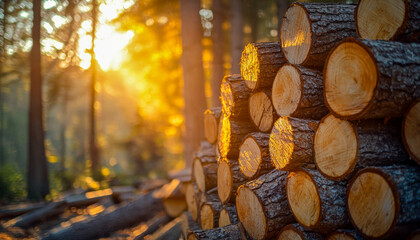 Stacked logs in a sunlit forest at sunset