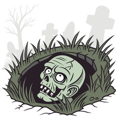 A creepy cartoon zombie head emerges from a freshly dug grave surrounded by grass and silhouetted tombstones on a white background