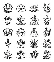 Aquatic plant icons collection, water flora symbols. nature and botany design set