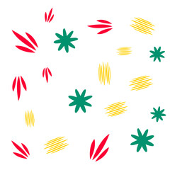A minimalistic design featuring red, green, and yellow geometric shapes arranged on a white background. Ideal for abstract backgrounds, decorations, and modern art-inspired designs.
