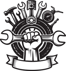 Monochrome Vector Illustration of Mechanic Tools with Hand Holding Wrench and Banner for Text