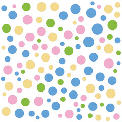 Bright and cheerful polka dot pattern featuring pastel colors, radiating fun and vibrancy, against a white background, perfect for playful, creative designs and abstract themes.