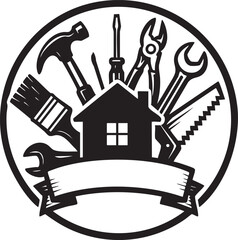 Black and White Home Repair and Construction Tools Icon with Ribbon Banner Design