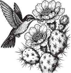 Hummingbird and Prickly Pear Cactus Flower Ink Drawing Illustration in Black and White © Alamin