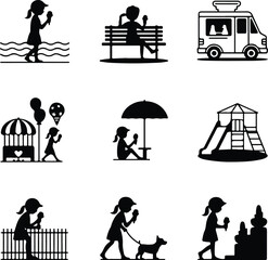 Cute Child with Ice Cream Cone &ndash; Black Silhouette Vector Collection Girl Holding Ice Cream Silhouette Set &ndash; Summer Treat Icon Pack