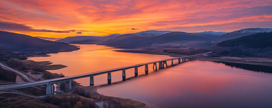 Dramatic sunrise over a scottish bridge reflecting on a calm lake 49