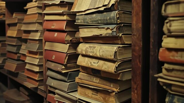 Stacks of very old and worn books on shelves in dim light