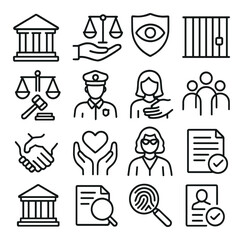 Justice system collection, legal and courtroom icons. law, order, and rights symbols set