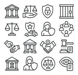 Justice and law collection, legal system icons. court, crime, and governance symbols set