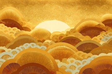 Golden waves rise towards the horizon under a serene Japanese style backdrop during a tranquil sunrise filled with warm tones