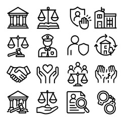 Justice and law collection, legal symbols, and court icons. judicial and police set