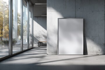 Fototapeta premium Empty poster frame stands in a modern office with large windows showcasing natural light and serene surroundings in a contemporary architectural space