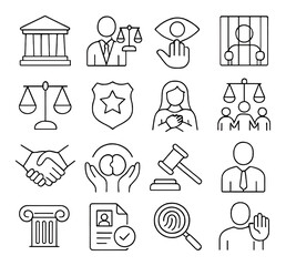 Justice and law collection, legal icons set. court, attorney, and judiciary design elements