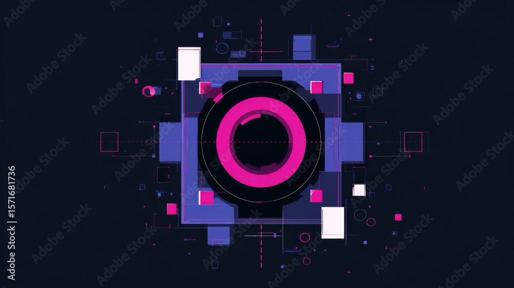 Fototapete Virtual 3d element with circles, hexagons, triangles, lines, squares, rectangles. Modern logo in cyberpunk style. Futuristic IT badges for banner. Technology hi-tech design in the Vector illustration.