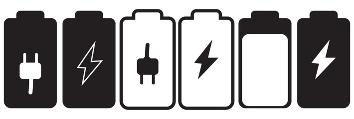 Battery icon set. battery charge level. battery Charging icon, showing full range of battery states: empty, low, medium, full, charging, recyclable, and plugged in  with black and white  color vector.