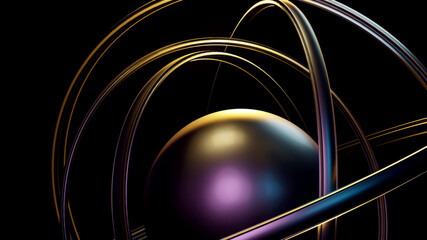 Abstract 3D Render Dark Sphere with Golden and Purple Rings - Futuristic Tech Background