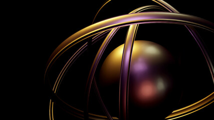 Abstract Gold Sphere Purple Rings Dark Background - 3D Render