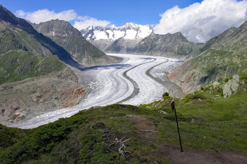 Great Aletsch Glacier and surrounding rock formations in the Swiss Alps
