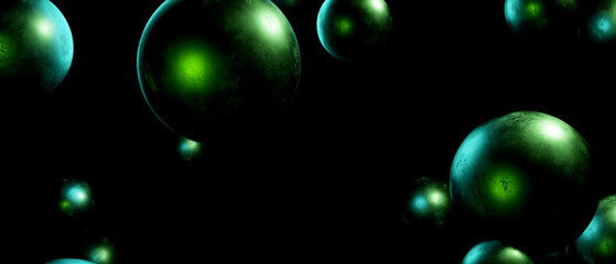 Abstract Green Spheres Dark Background 3D Render Futuristic Technology Sci-Fi