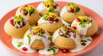 Mouthwatering panipuri snacks sit on a coral plate, garnished with cilantro and red onion