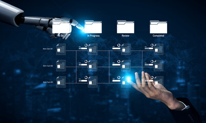 AI managing task workflow system, tracking document progress, analyzing productivity levels, and...