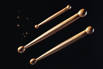 Three wooden drumsticks and floating droplet orbs are arranged against a dark background
