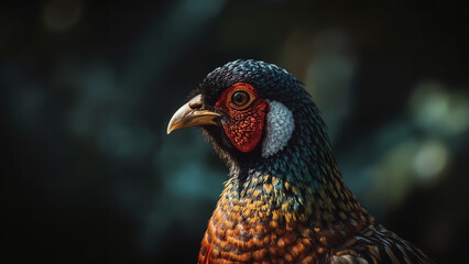 Vivid Close-Up Portrait of a Male Golden Pheasant with Striking Plumage and Dark Background