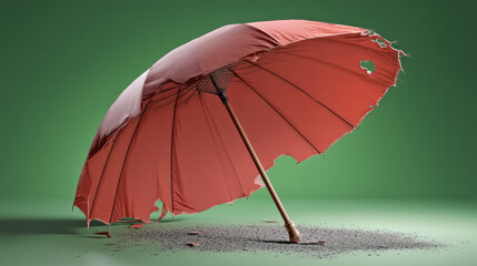 Damaged red umbrella with torn fabric stands on green surface, evoking sense of abandonment and decay