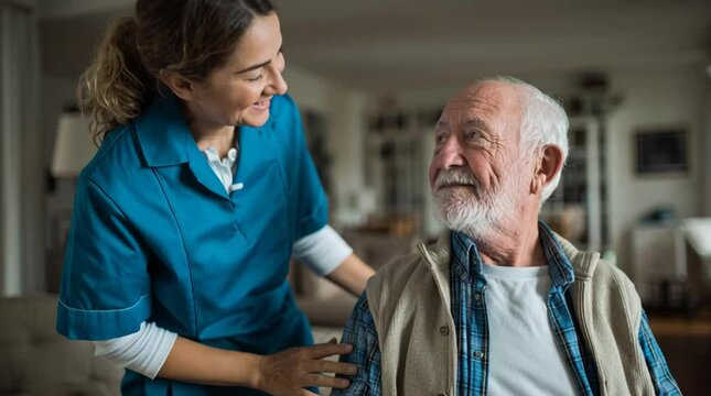 Care worker gently assists an elderly man in putting on a jacket. A warm, respectful moment capturing senior care, support, and human dignity&mdash;ideal for healthcare, aging, and empathy themes.
