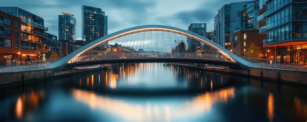 Illuminated modern bridge over still water reflecting city lights at dusk 49