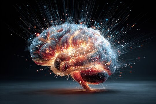 Human brain explodes with vibrant colors and energy in a dynamic display, symbolizing ideas and creativity in an abstract art form