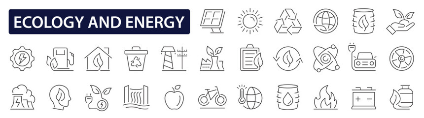 Ecology and Energy 56 icon set. Set of energy thin line icons. Environment, recycle, renewable energy, electric bike, eco-friendly, forest, wind power. Icons for renewable energy. Vector illustration © vectorsanta
