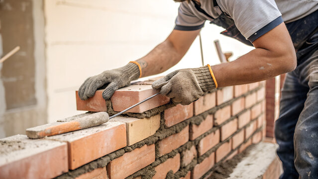 A skilled bricklayer meticulously lays bricks, constructing a sturdy wall with precision and expertise