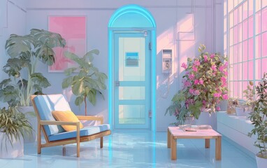 Fototapeta premium Pastel-toned sunroom, plants, and cozy seating create serenity