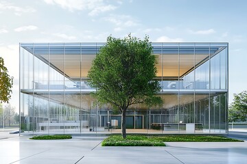 Two story modern glass building with a mature tree and concrete path