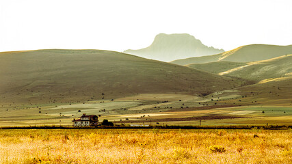 Lonely house in golden fields with majestic mountain backdrop.