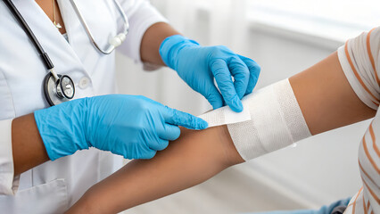 A doctor is applying a bandage to a patients arm in a clinic, providing medical care and treatment