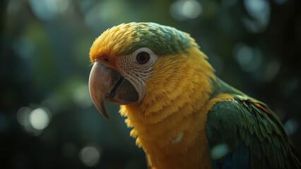 Striking Close-Up Portrait of a Blue-and-Yellow Macaw with Vibrant Plumage and Expressive Eye