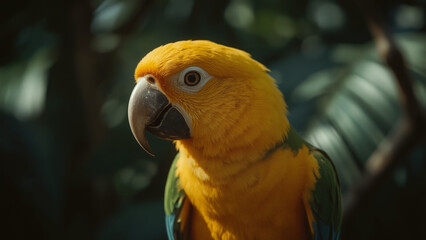 Bright Close-Up Portrait of a Vibrant Sun Conure Parrot with Golden Plumage and Expressive Eye