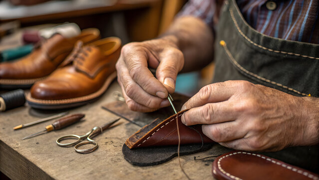 A skilled shoemaker is meticulously handsewing leather shoes in a traditional workshop