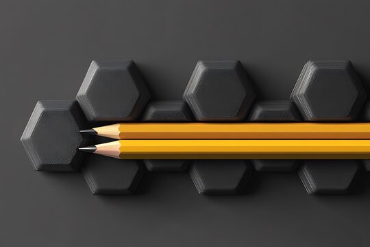 Two yellow pencils perfectly aligned between textured dark hexagons create a stark contrast against the muted background