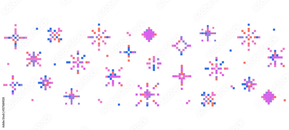 Sticker 8 bit pixel sparkle border in retro style stars and crystals for games ui retro designs or web minim