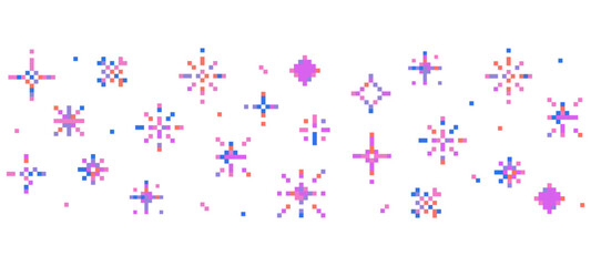 8 bit pixel sparkle border in retro style stars and crystals for games UI retro designs or web Minimalist 90s Y2K pixel star collection.Firework burst, space decoration. 