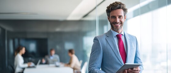 The confident businessman holding a tablet in a modern office setting.