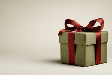 minimalistic celebration of christmas in usa featuring one small christmas gift with bright ribbon on clean