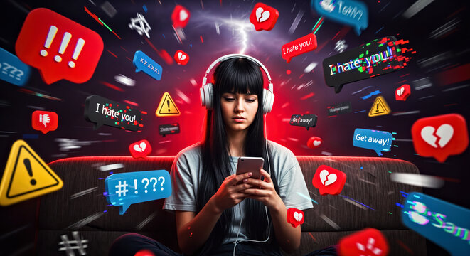 Modern Young Girl Wearing Headphones Holding Phone and Surrounded With Chaotic Storm of Hateful Chat Speech Bubbles Icons