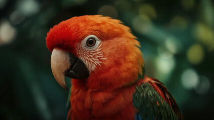 Intense Close-Up Portrait of an Eclectus Parrot with Fiery Red-Orange Plumage and Expressive Eye
