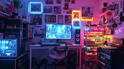 Eclectic room with neon lighting and entertainment gear, gaming station